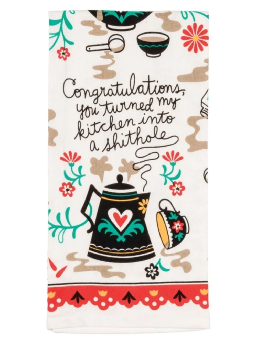 Blue Q Kitchen Shithole Tea Dish Towel with Teapot Teacup Print